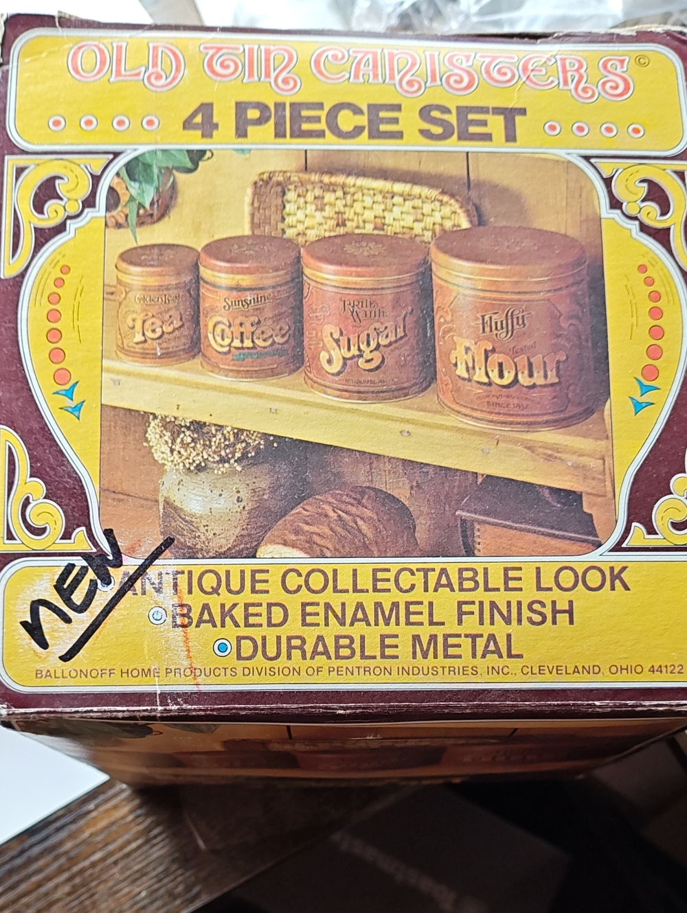Vintage 70's 4-Piece Baked Enamel Coffee Sugar Flour Tea New In Box